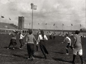 An old black and white photo of korfball